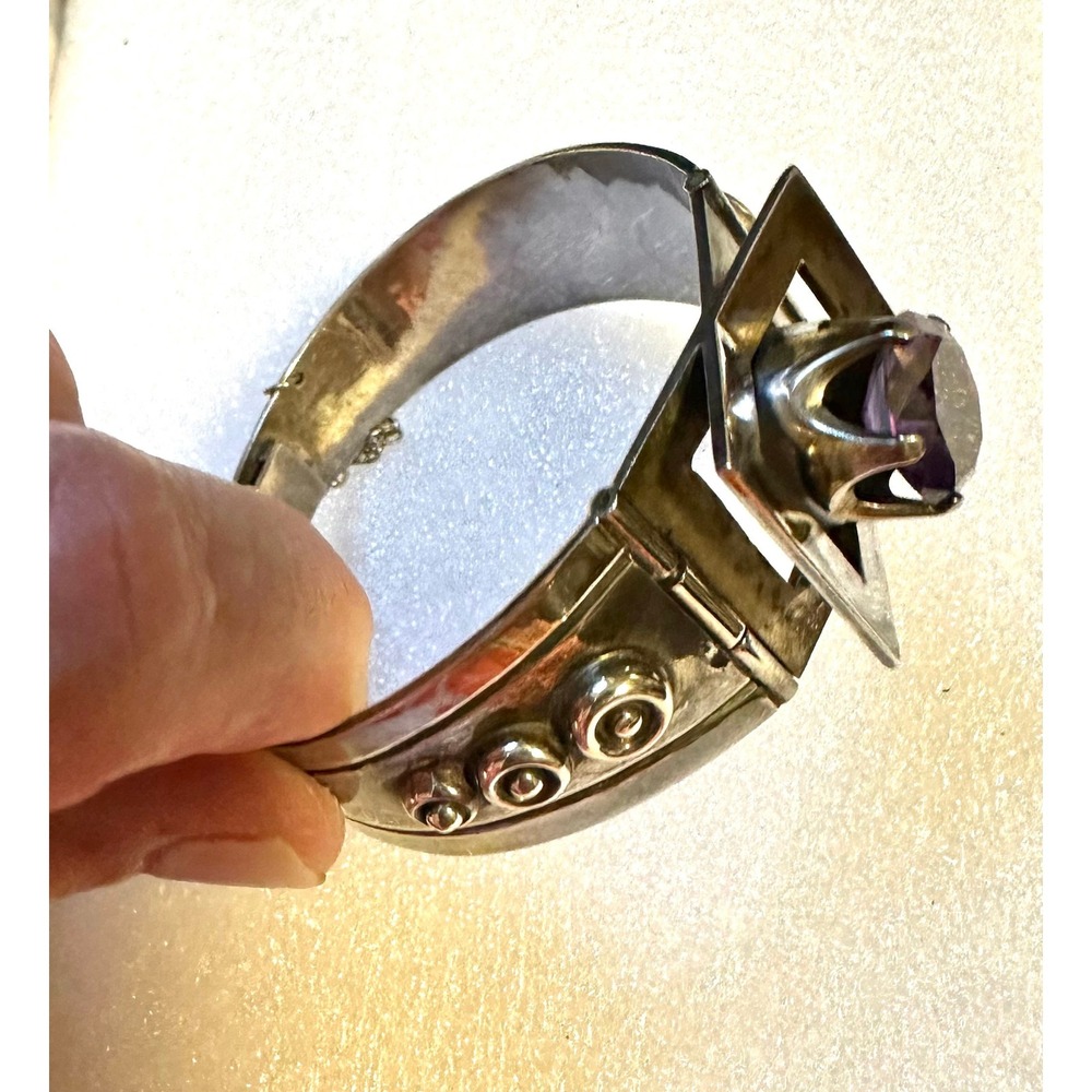 Vintage Mexico Sterling Silver & Amethyst Modernist Cuff Hinged Bracelet - Picture 3 of 9